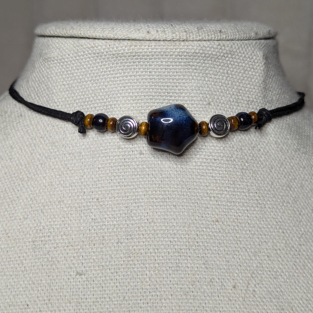 NoctemPottery Ceramic Beaded Star Spiral Swirl Pendant Necklace Adjustable Cord