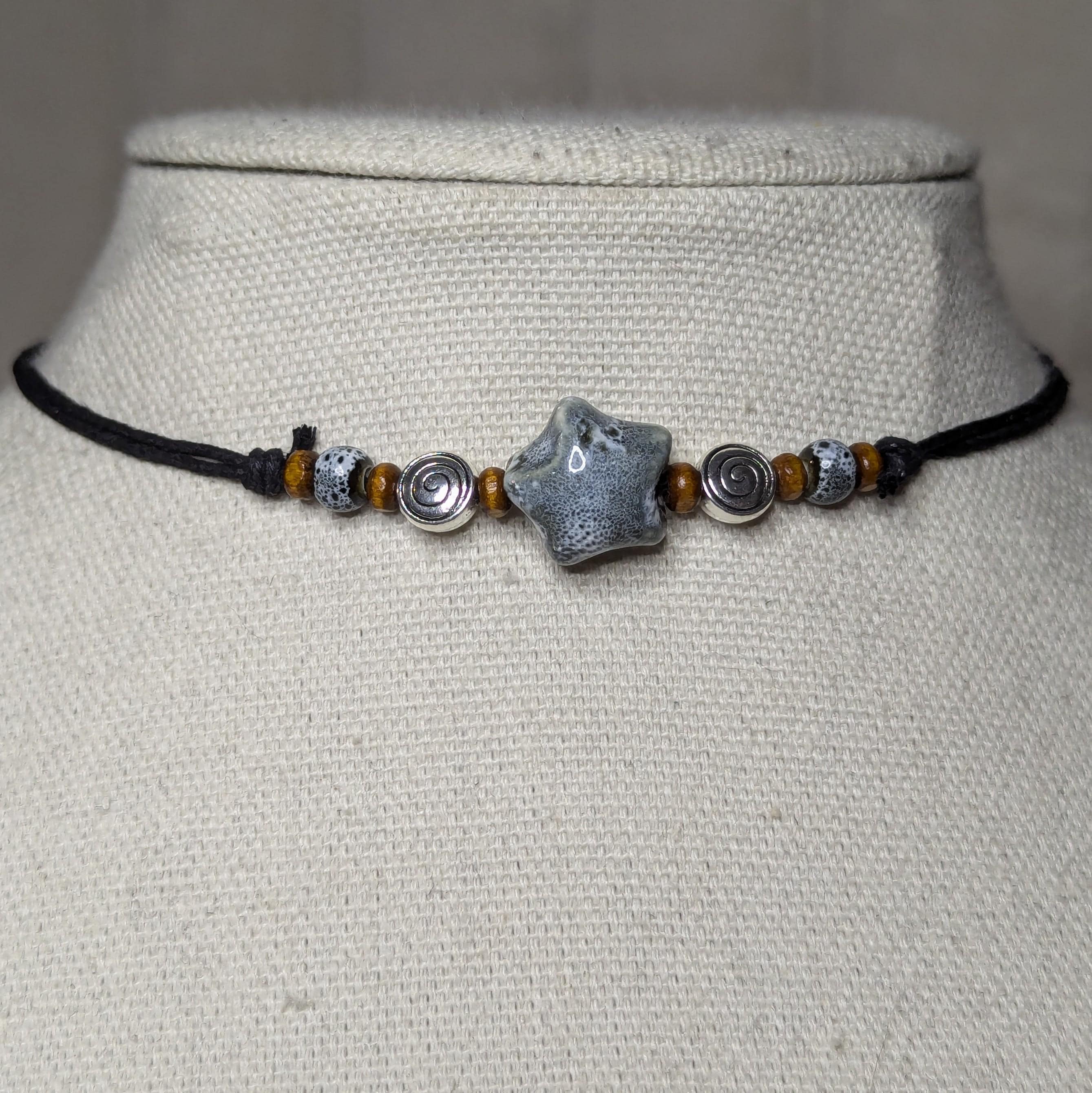 NoctemPottery Ceramic Beaded Star Spiral Swirl Pendant Necklace Adjustable Cord