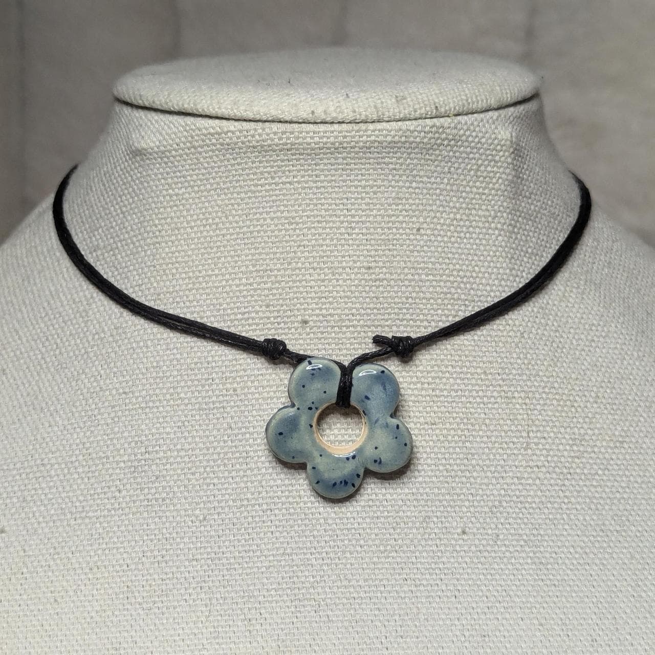 NoctemPottery Handmade Ceramic Flower Pendant Adjustable Boho Black Cord Necklace