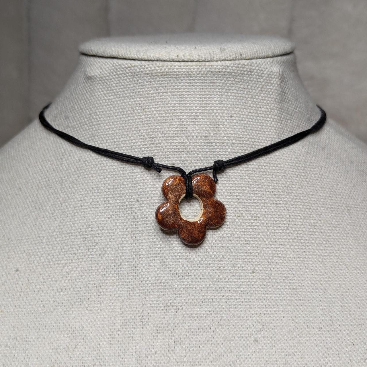 NoctemPottery Handmade Ceramic Flower Pendant Adjustable Boho Black Cord Necklace