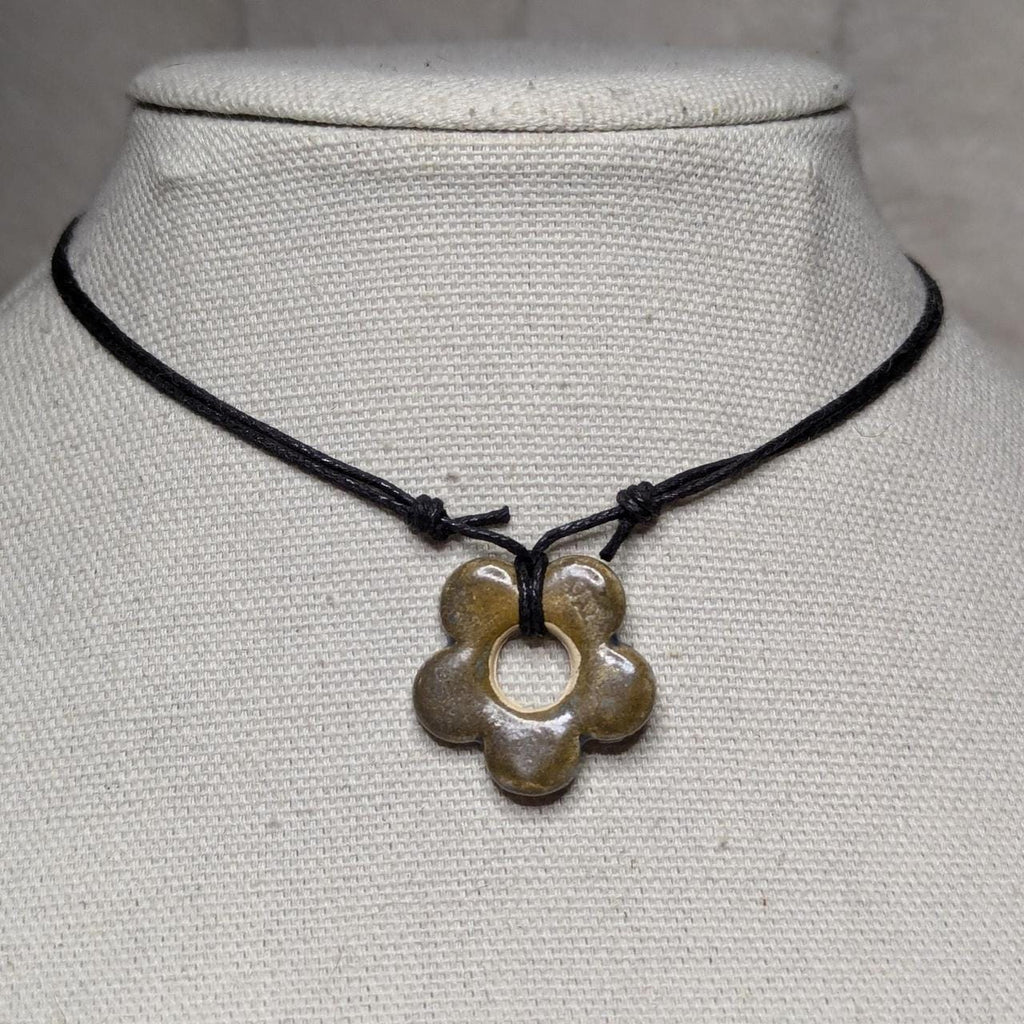 NoctemPottery Handmade Ceramic Flower Pendant Adjustable Boho Black Cord Necklace