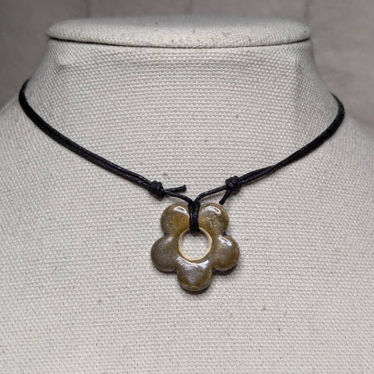 NoctemPottery Handmade Ceramic Flower Pendant Adjustable Boho Black Cord Necklace