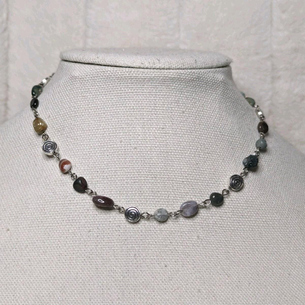 NoctemPottery Moss Agate Beaded Choker Necklace With Spiral Charms