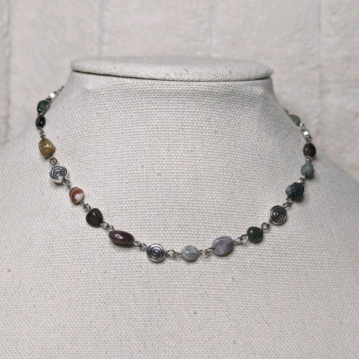 NoctemPottery Moss Agate Beaded Choker Necklace With Spiral Charms