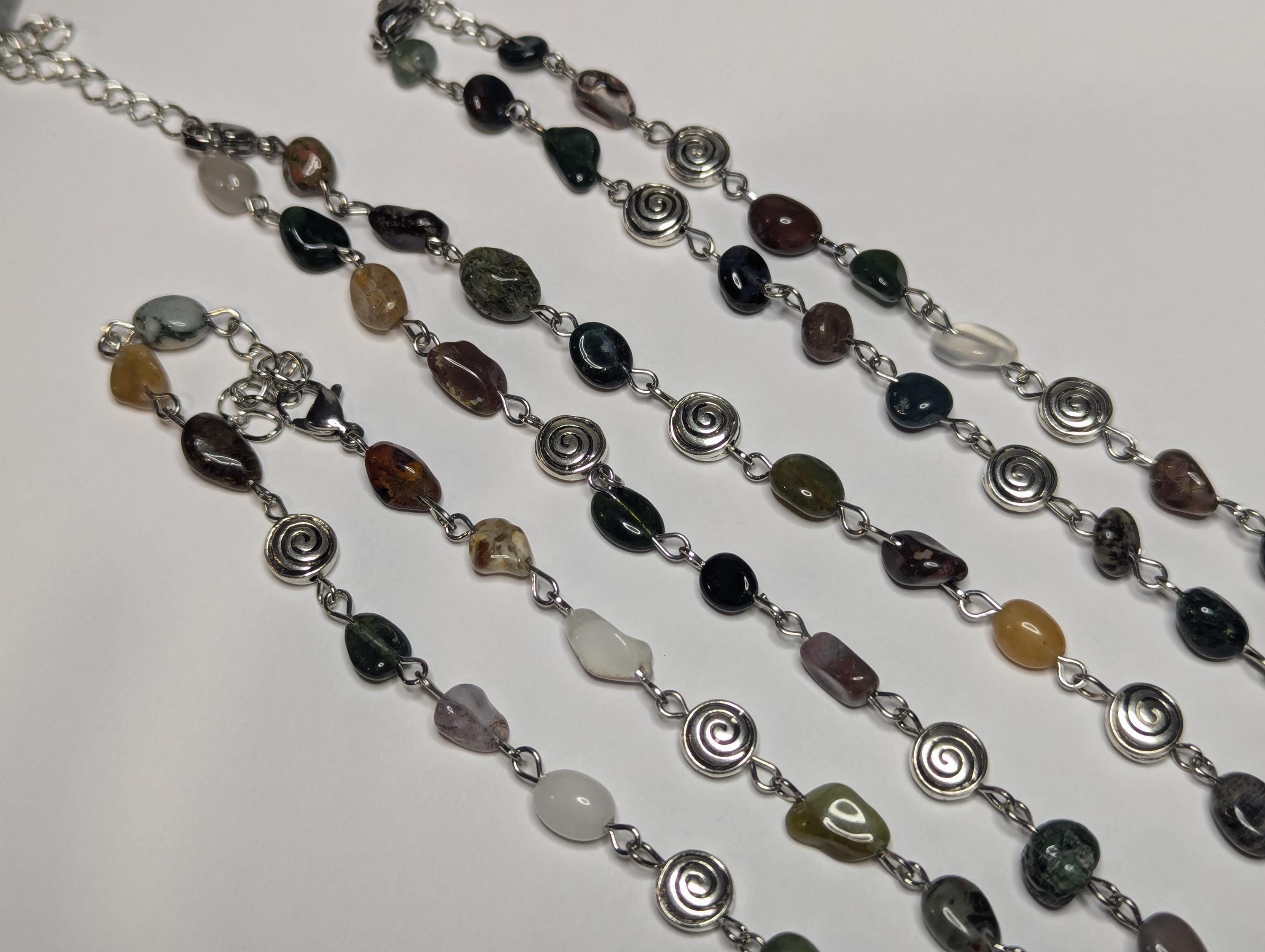 NoctemPottery Moss Agate Beaded Choker Necklace With Spiral Charms