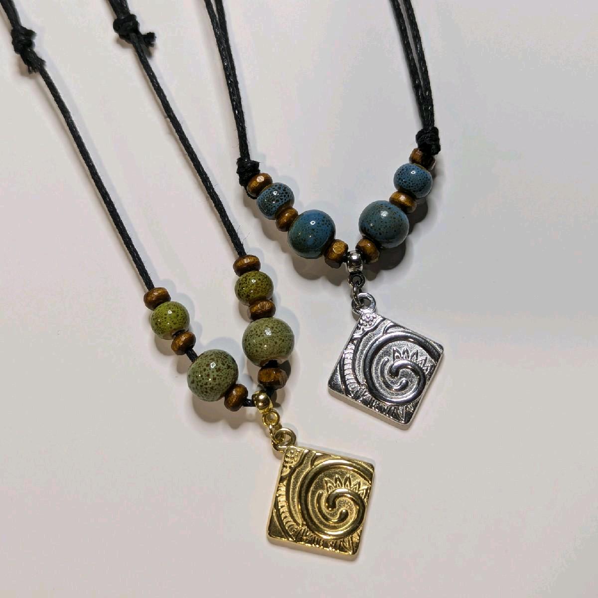NoctemPottery Ceramic Beaded Swirl Pendant Necklace Adjustable Choker