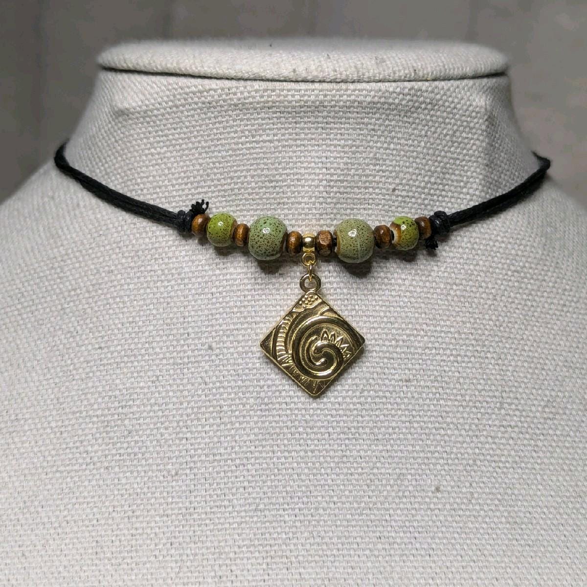 NoctemPottery Ceramic Beaded Swirl Pendant Necklace Adjustable Choker
