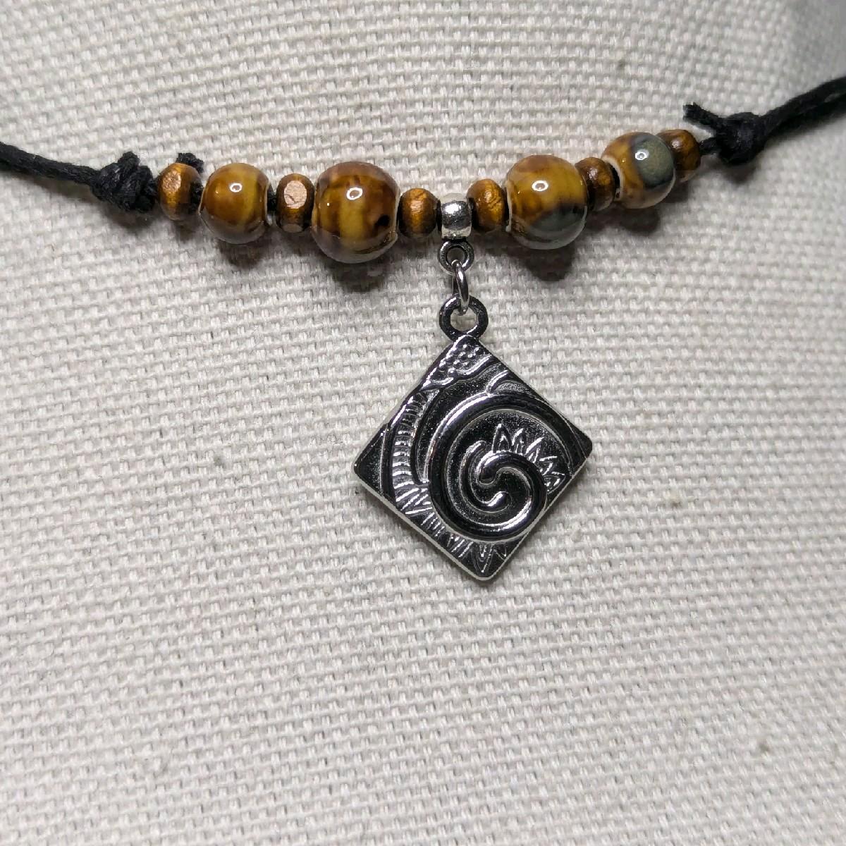NoctemPottery Ceramic Beaded Swirl Pendant Necklace Adjustable Choker