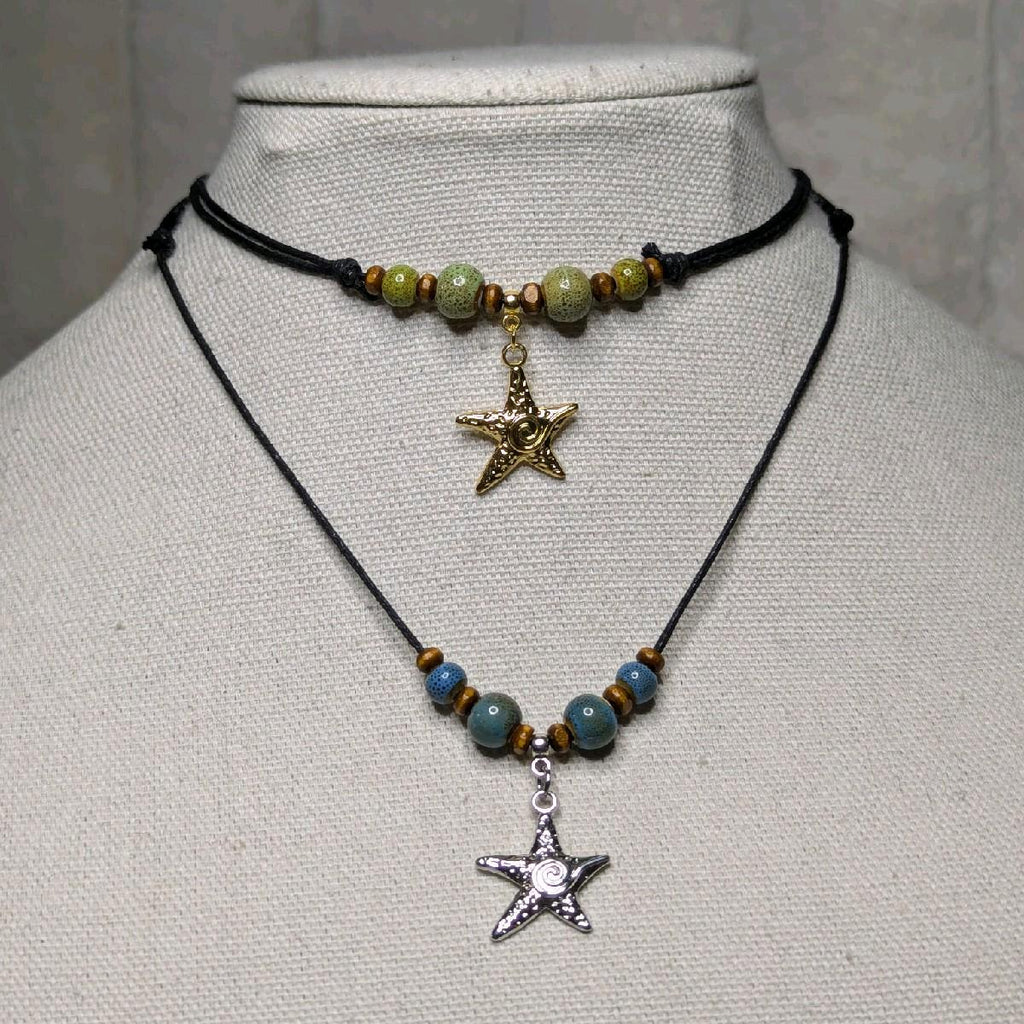 NoctemPottery Ceramic Beaded Starfish Swirl Stainless Steel Pendant Necklace
