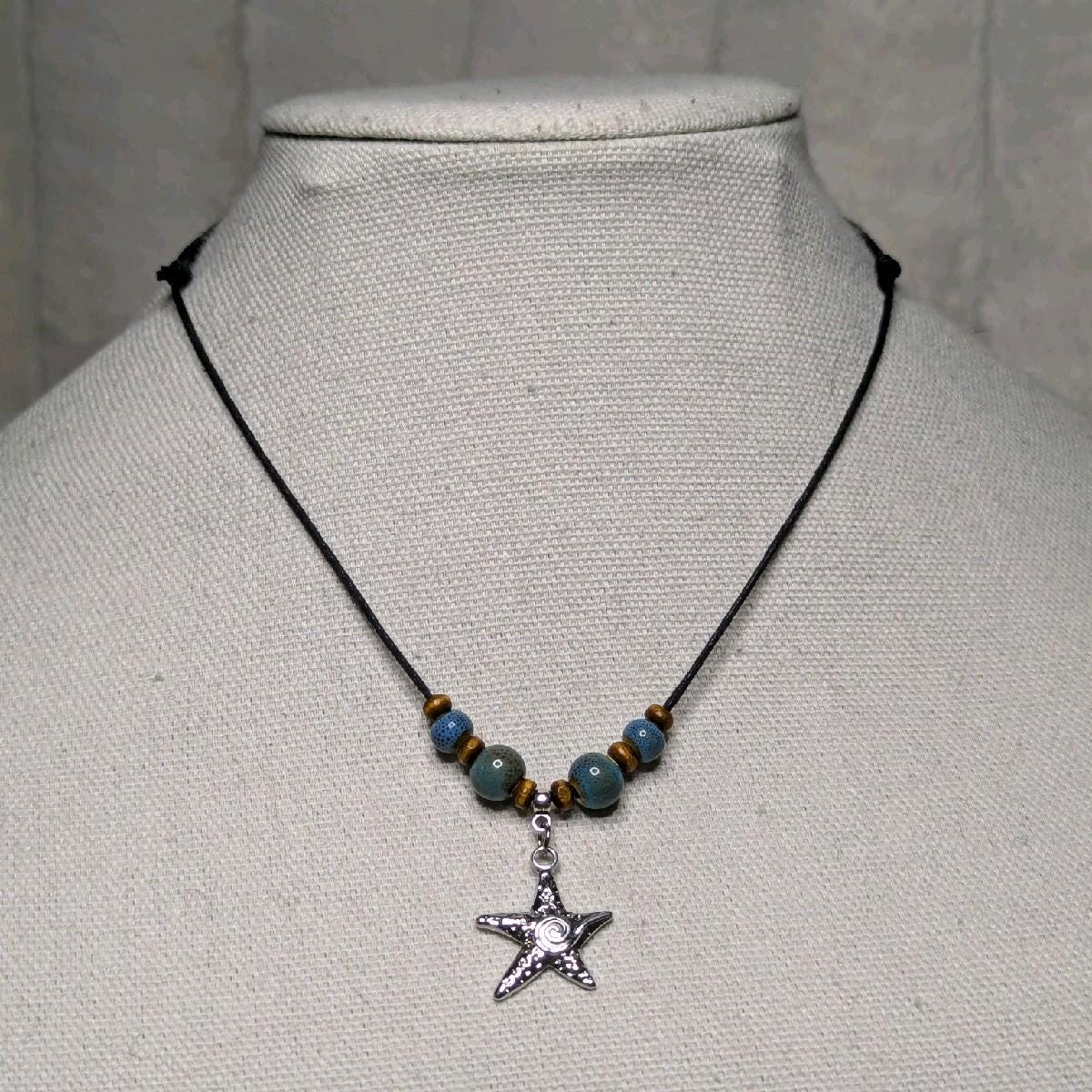 NoctemPottery Ceramic Beaded Starfish Swirl Stainless Steel Pendant Necklace
