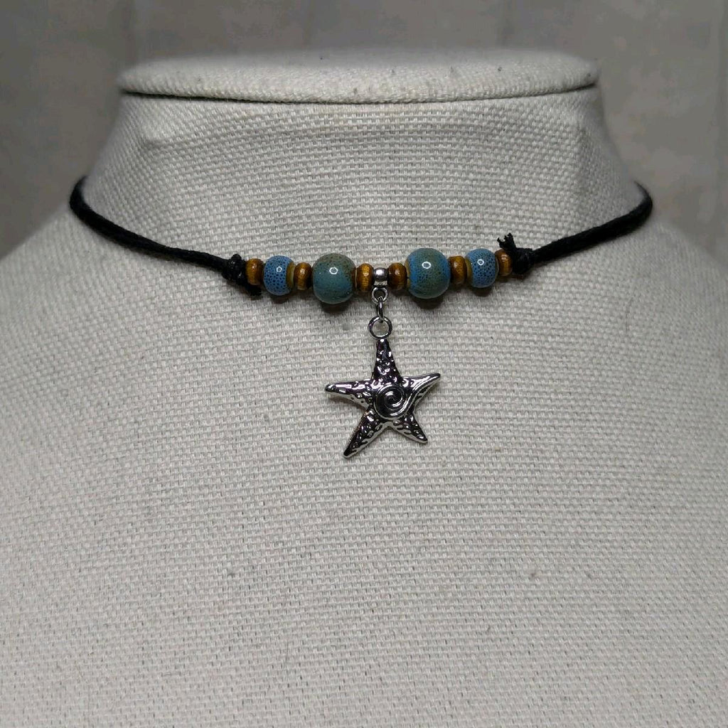 NoctemPottery Ceramic Beaded Starfish Swirl Stainless Steel Pendant Necklace