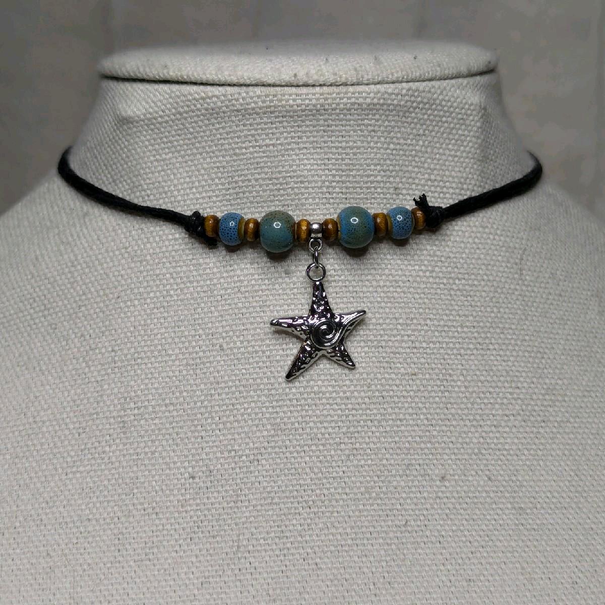 NoctemPottery Ceramic Beaded Starfish Swirl Stainless Steel Pendant Necklace