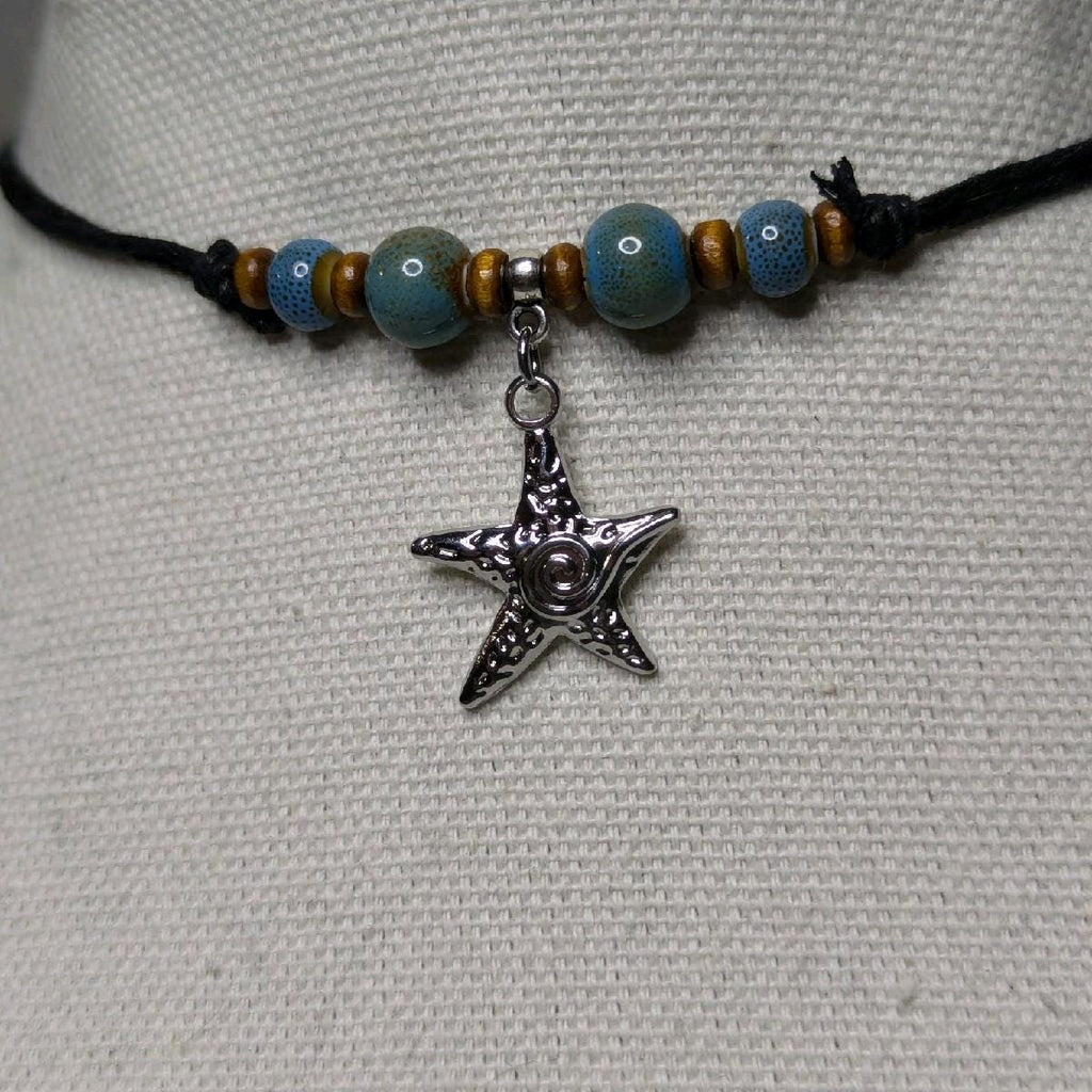NoctemPottery Ceramic Beaded Starfish Swirl Stainless Steel Pendant Necklace