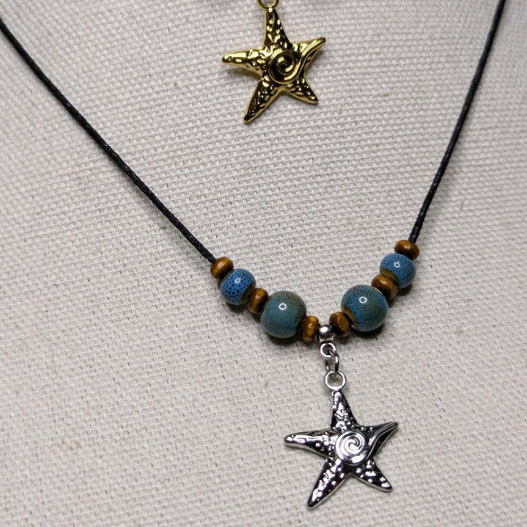 NoctemPottery Ceramic Beaded Starfish Swirl Stainless Steel Pendant Necklace