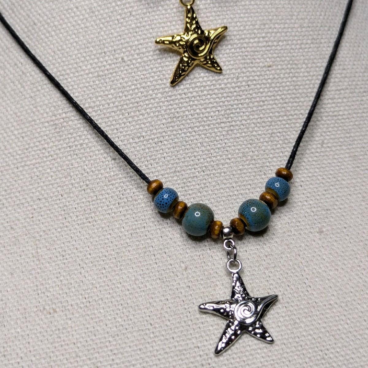 NoctemPottery Ceramic Beaded Starfish Swirl Stainless Steel Pendant Necklace