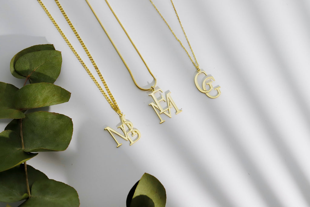SilverGoldandRose Interlocking Initials Custom Monogram Necklace Brass