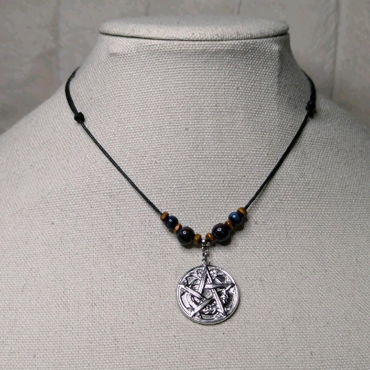 NoctemPottery Pentacle Pentagram Charm Pendant Ceramic Beaded Adjustable Choker Necklace