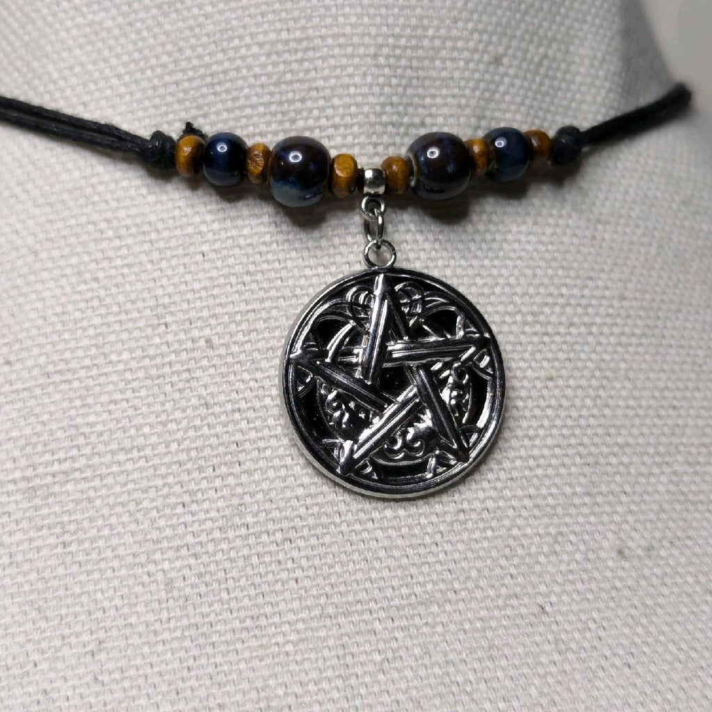 NoctemPottery Pentacle Pentagram Charm Pendant Ceramic Beaded Adjustable Choker Necklace