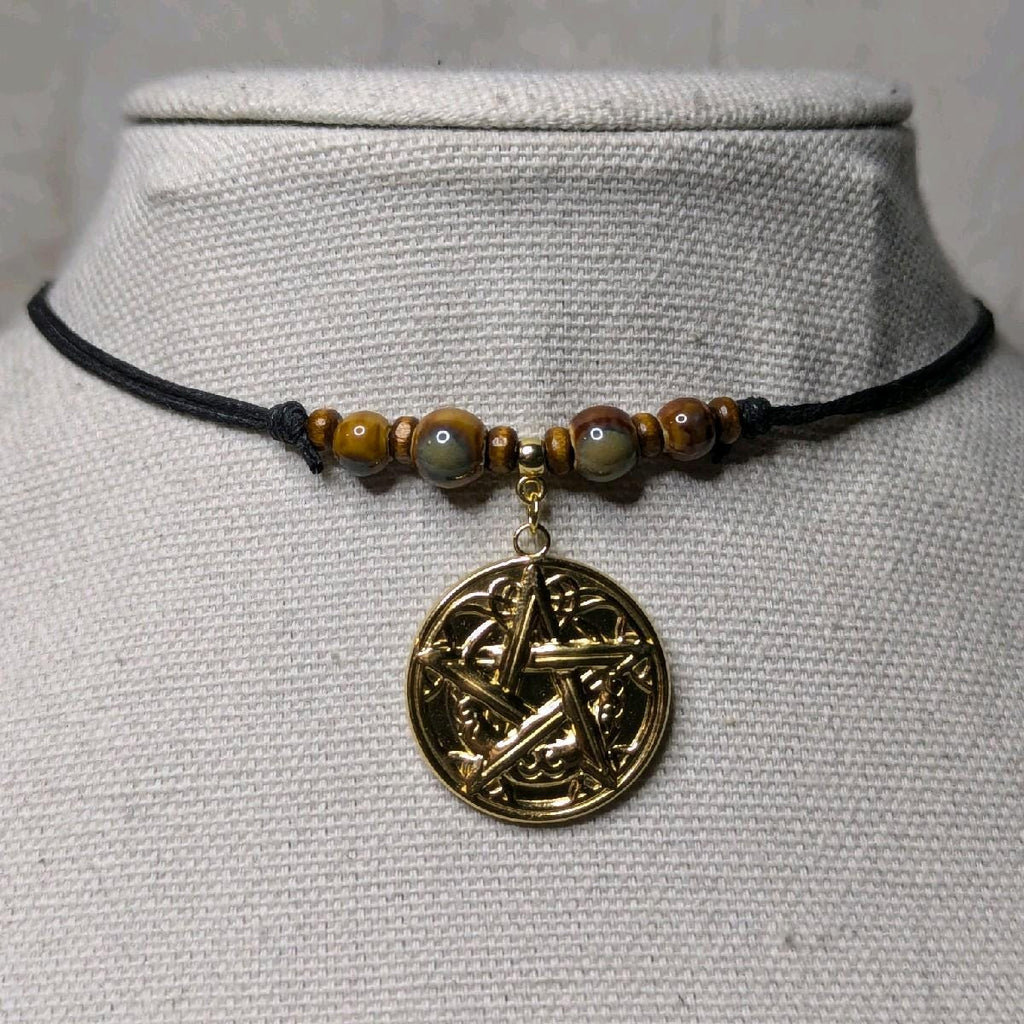 NoctemPottery Pentacle Pentagram Charm Pendant Ceramic Beaded Adjustable Choker Necklace
