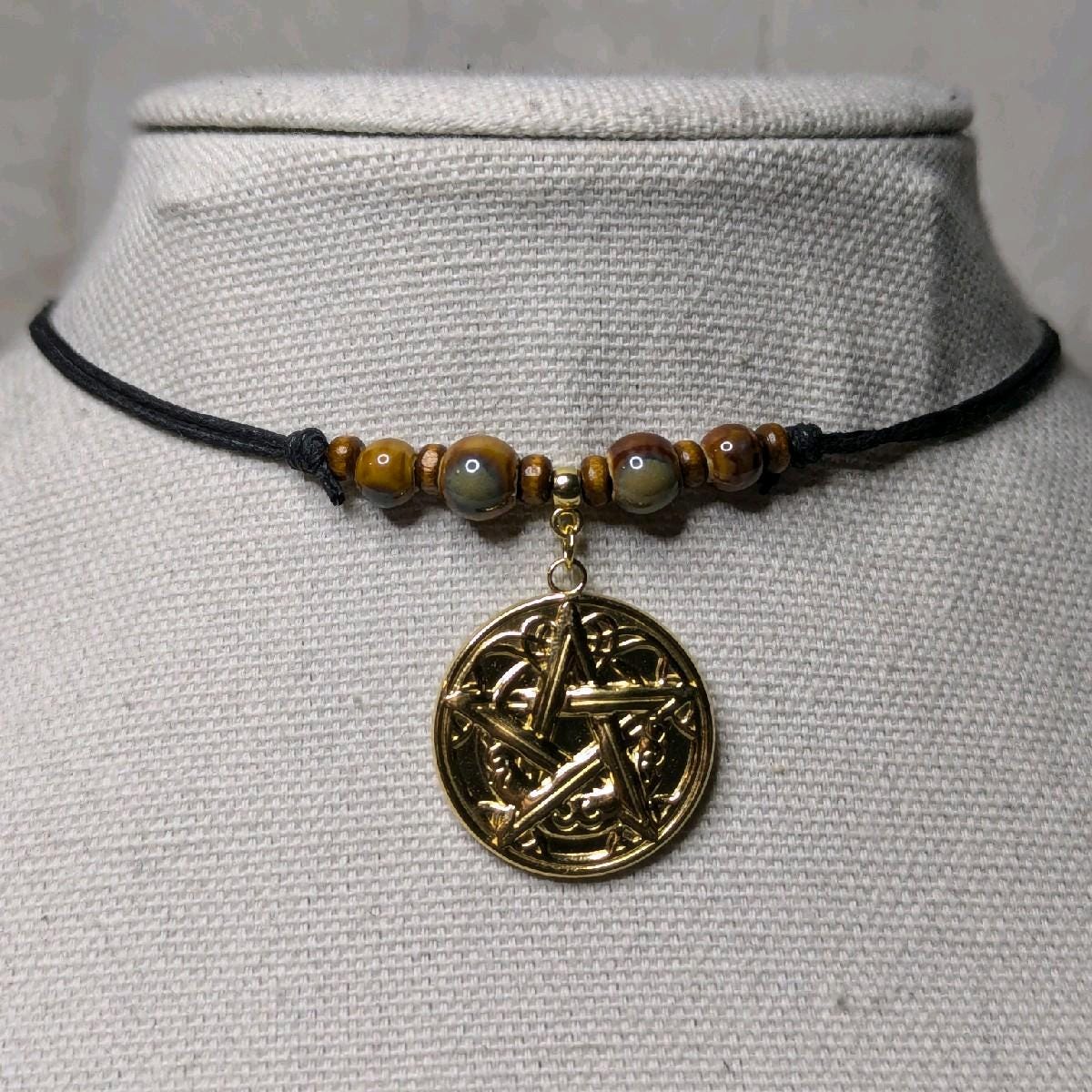 NoctemPottery Pentacle Pentagram Charm Pendant Ceramic Beaded Adjustable Choker Necklace