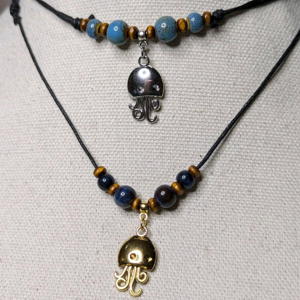 NoctemPottery Stainless Steel Ceramic Beaded Jellyfish Pendant Necklace Adjustable Choker