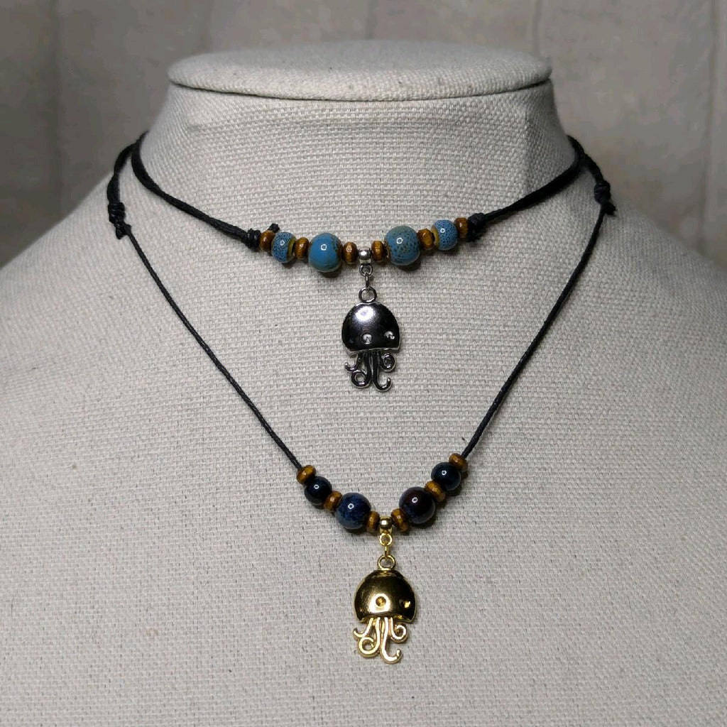 NoctemPottery Stainless Steel Ceramic Beaded Jellyfish Pendant Necklace Adjustable Choker