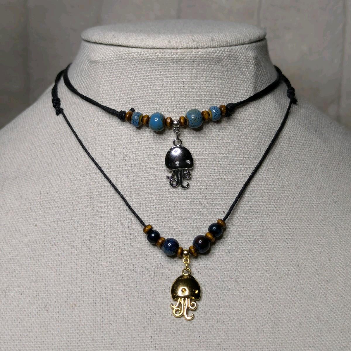 NoctemPottery Stainless Steel Ceramic Beaded Jellyfish Pendant Necklace Adjustable Choker