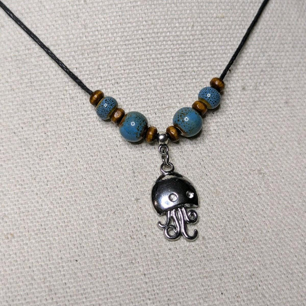 NoctemPottery Stainless Steel Ceramic Beaded Jellyfish Pendant Necklace Adjustable Choker