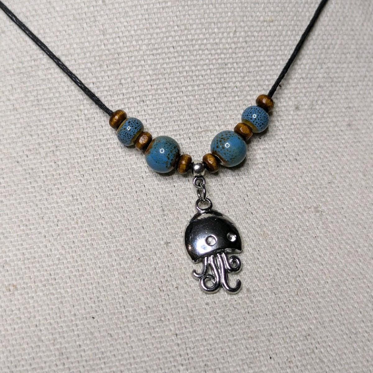 NoctemPottery Stainless Steel Ceramic Beaded Jellyfish Pendant Necklace Adjustable Choker
