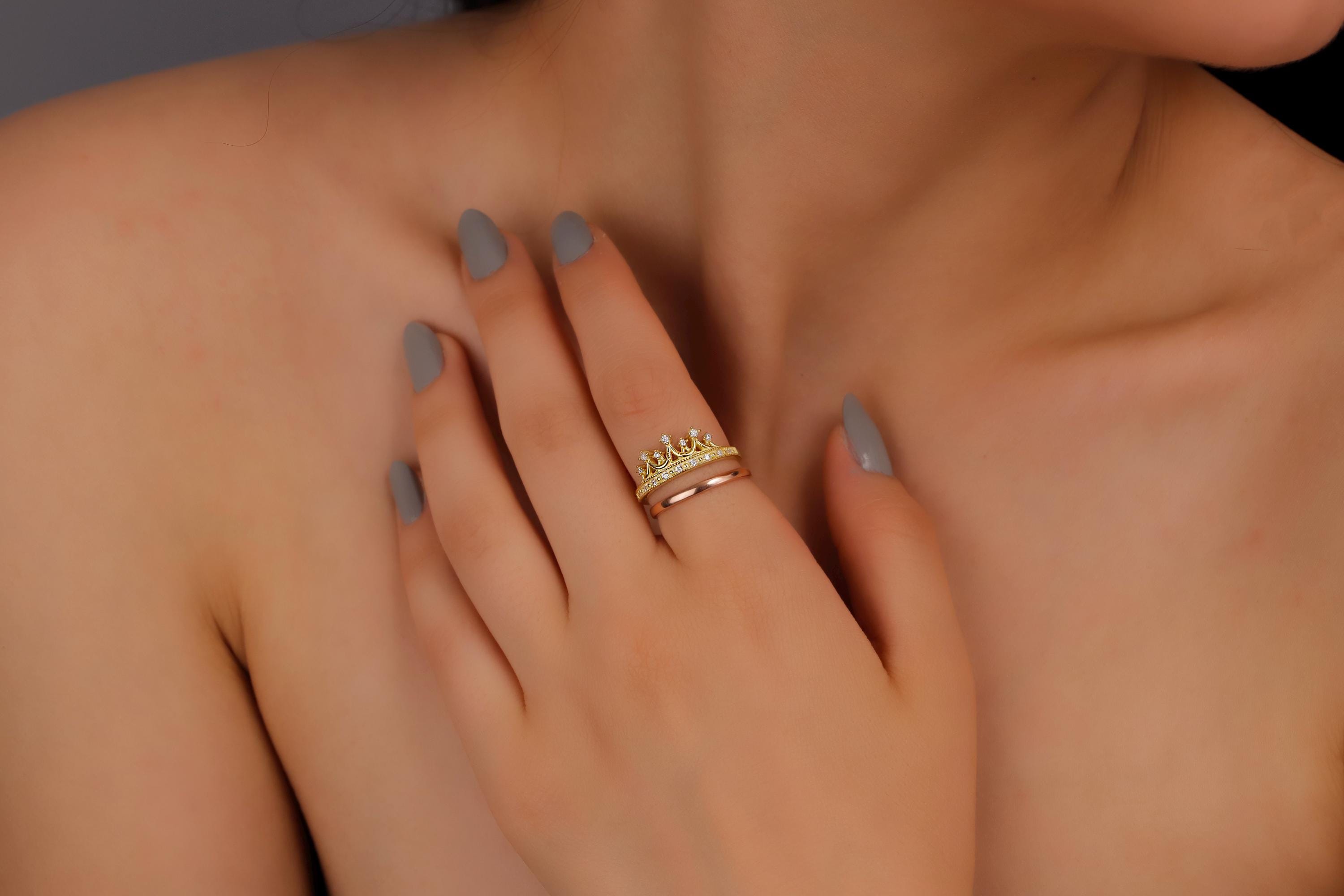 Gold Crown Ring Set: Sterling Silver Princess Rings