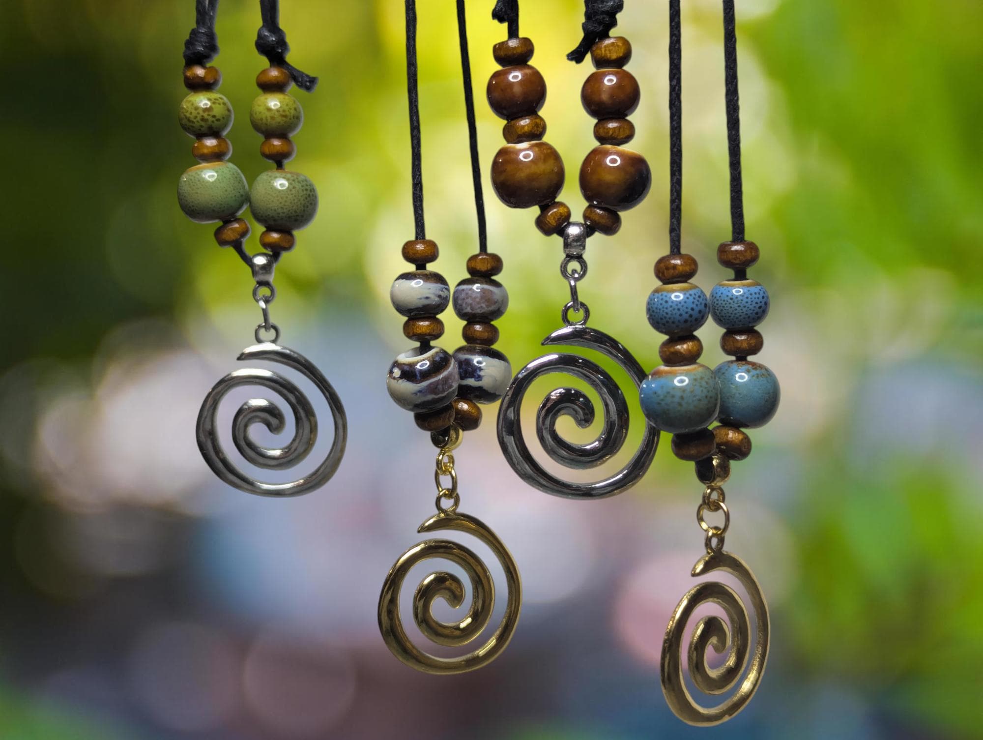 NoctemPottery Ceramic Beaded Spiral Swirl Pendant Necklace Adjustable