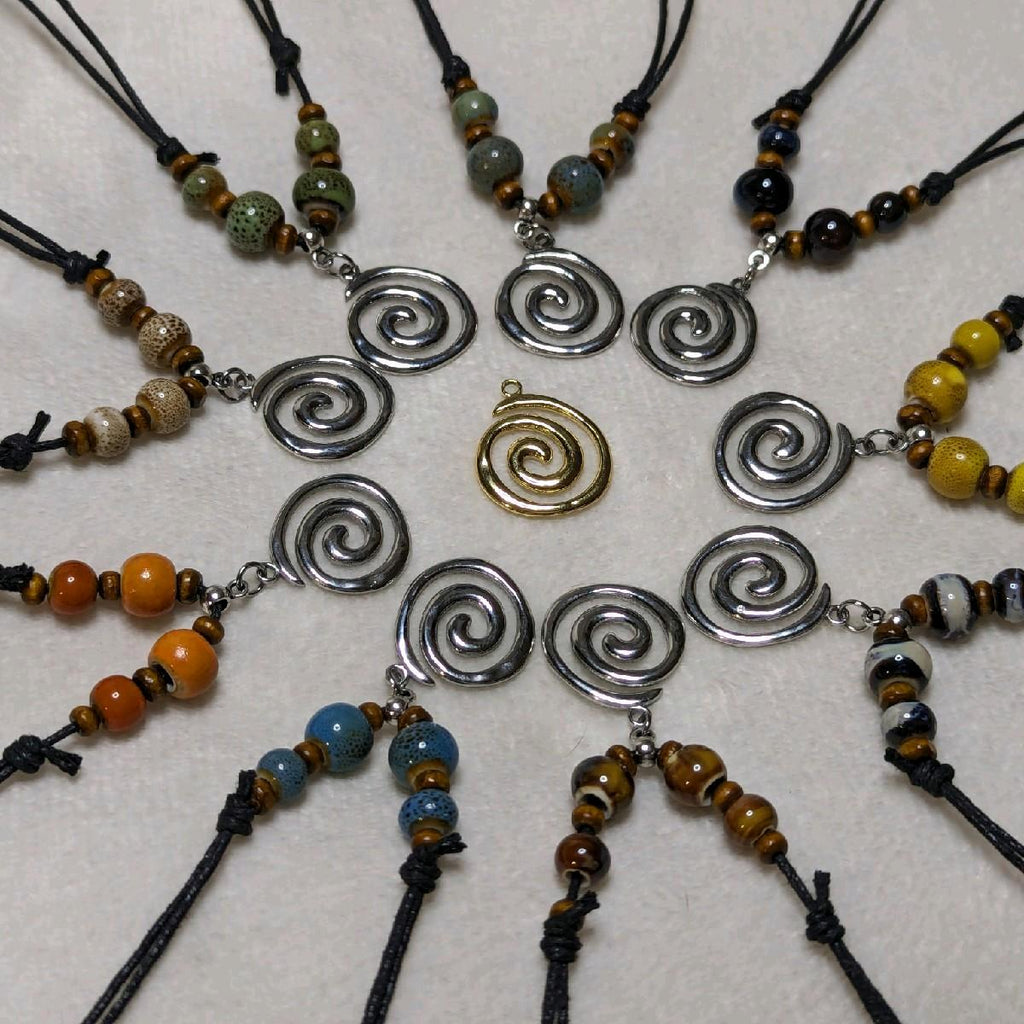 NoctemPottery Ceramic Beaded Spiral Swirl Pendant Necklace Adjustable