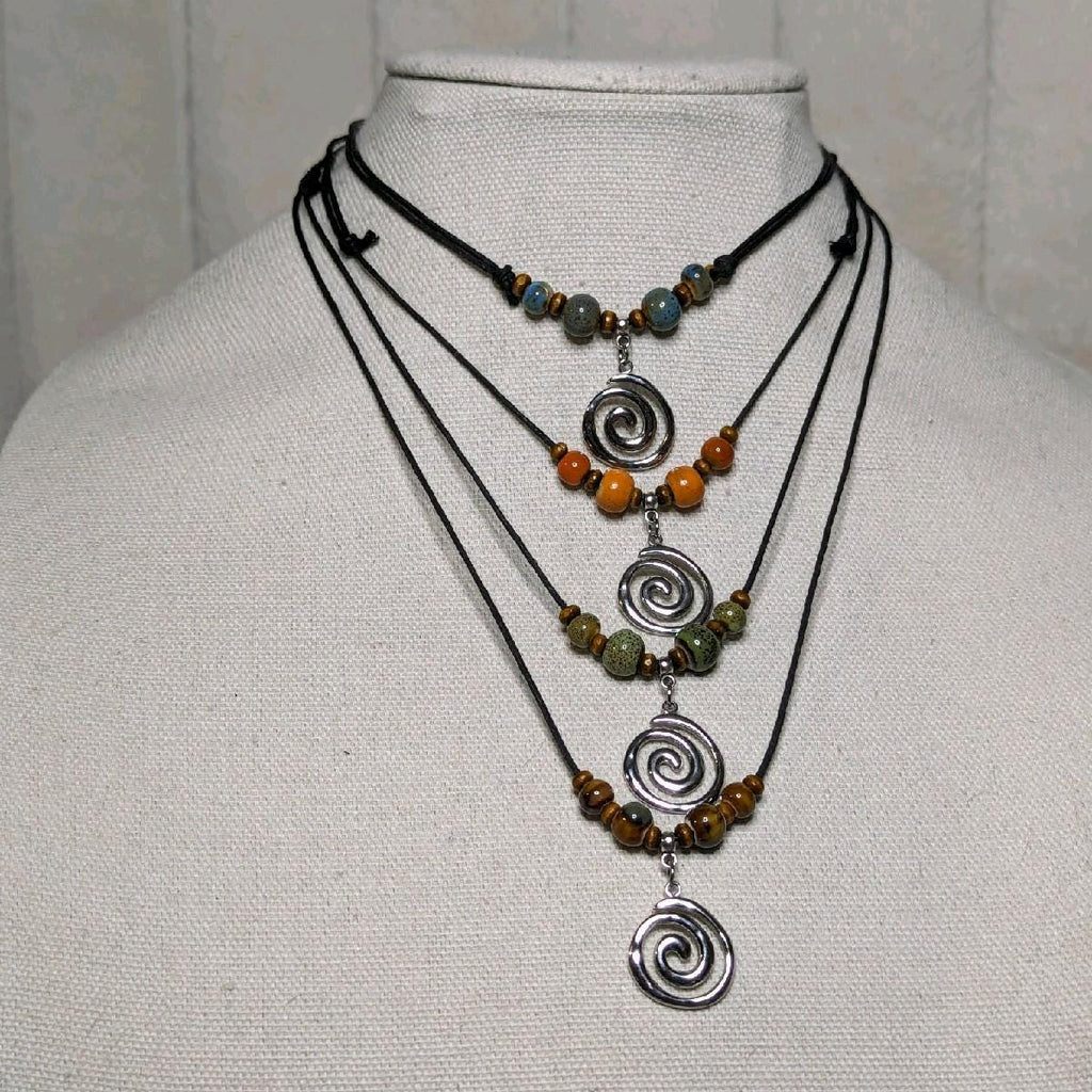 NoctemPottery Ceramic Beaded Spiral Swirl Pendant Necklace Adjustable