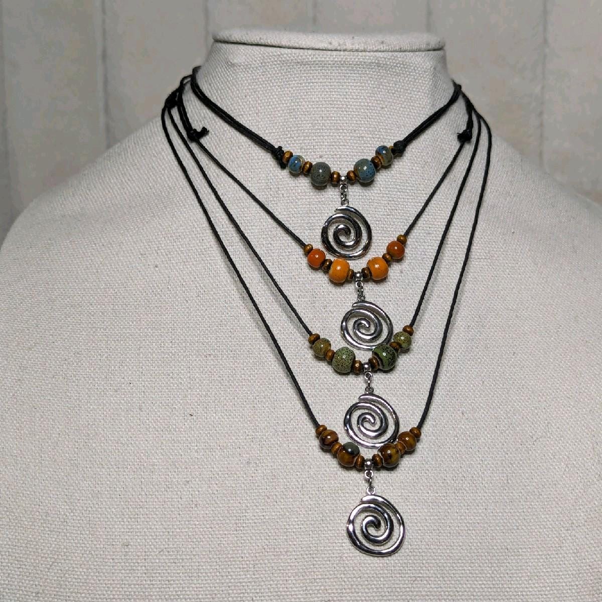NoctemPottery Ceramic Beaded Spiral Swirl Pendant Necklace Adjustable