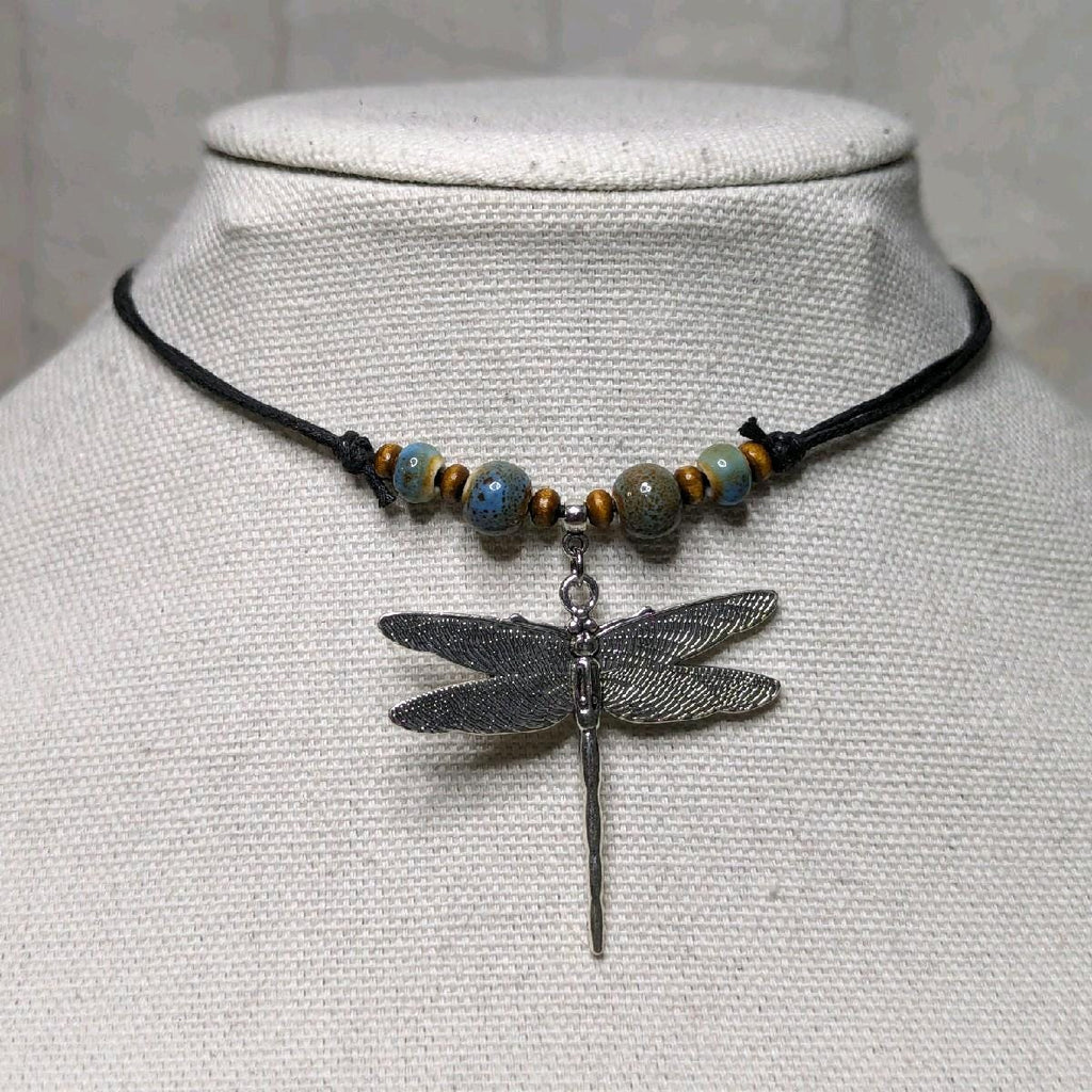 NoctemPottery Ceramic Beaded Dragonfly Pendant Necklace Adjustable Black Cord