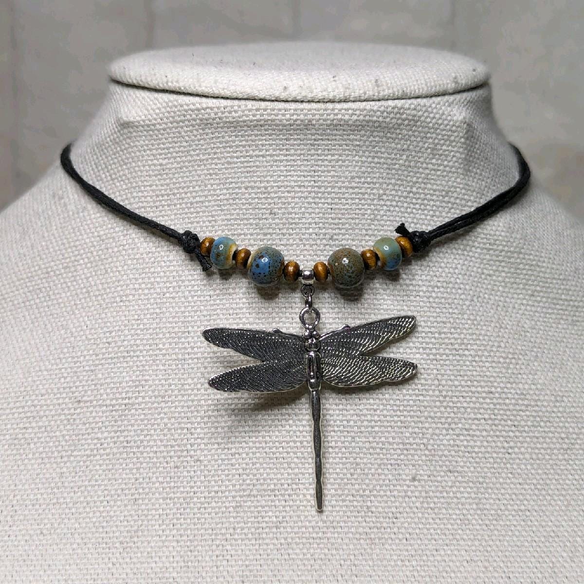 NoctemPottery Ceramic Beaded Dragonfly Pendant Necklace Adjustable Black Cord