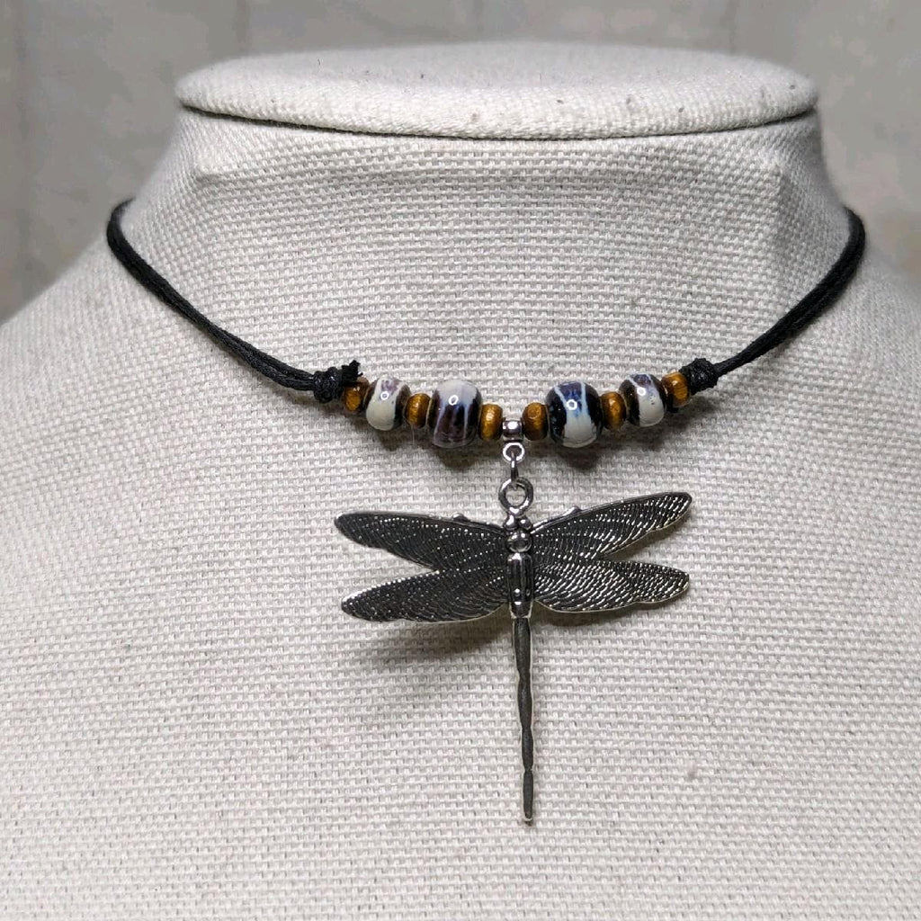 NoctemPottery Ceramic Beaded Dragonfly Pendant Necklace Adjustable Black Cord