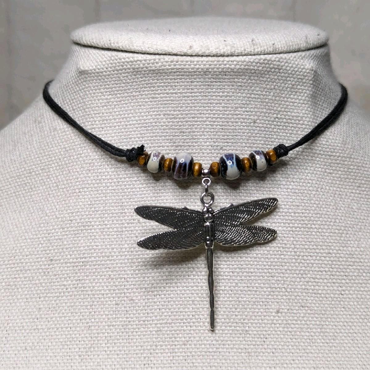 NoctemPottery Ceramic Beaded Dragonfly Pendant Necklace Adjustable Black Cord