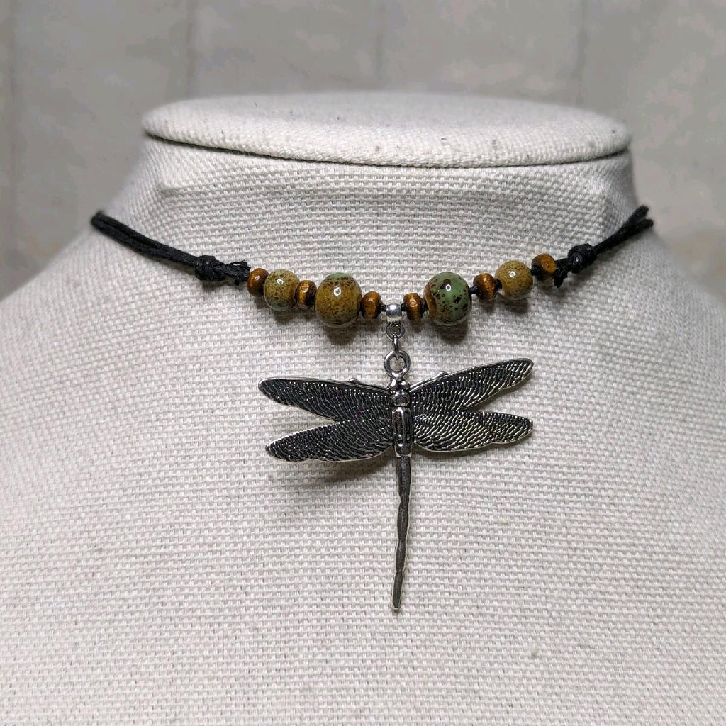 NoctemPottery Ceramic Beaded Dragonfly Pendant Necklace Adjustable Black Cord