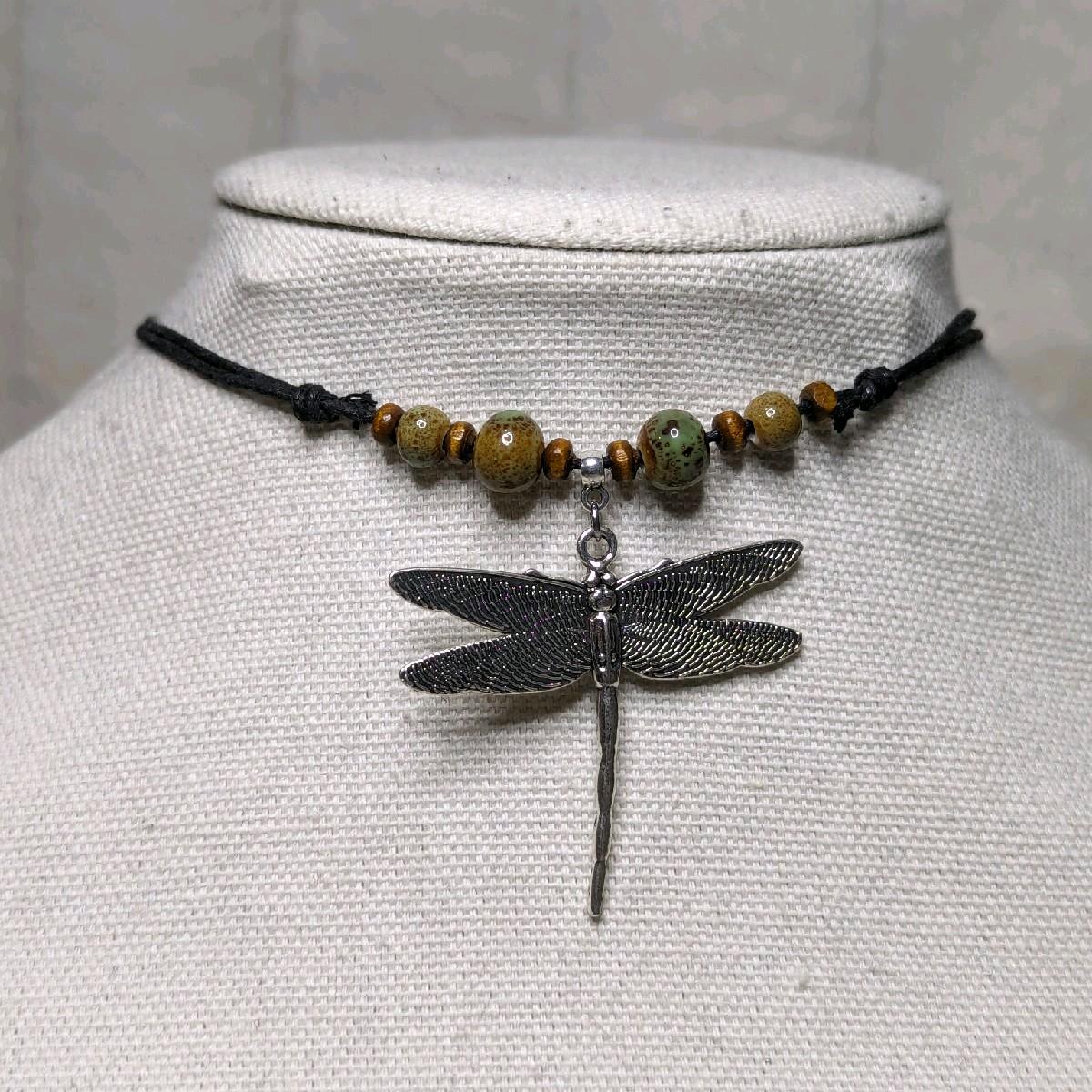 NoctemPottery Ceramic Beaded Dragonfly Pendant Necklace Adjustable Black Cord