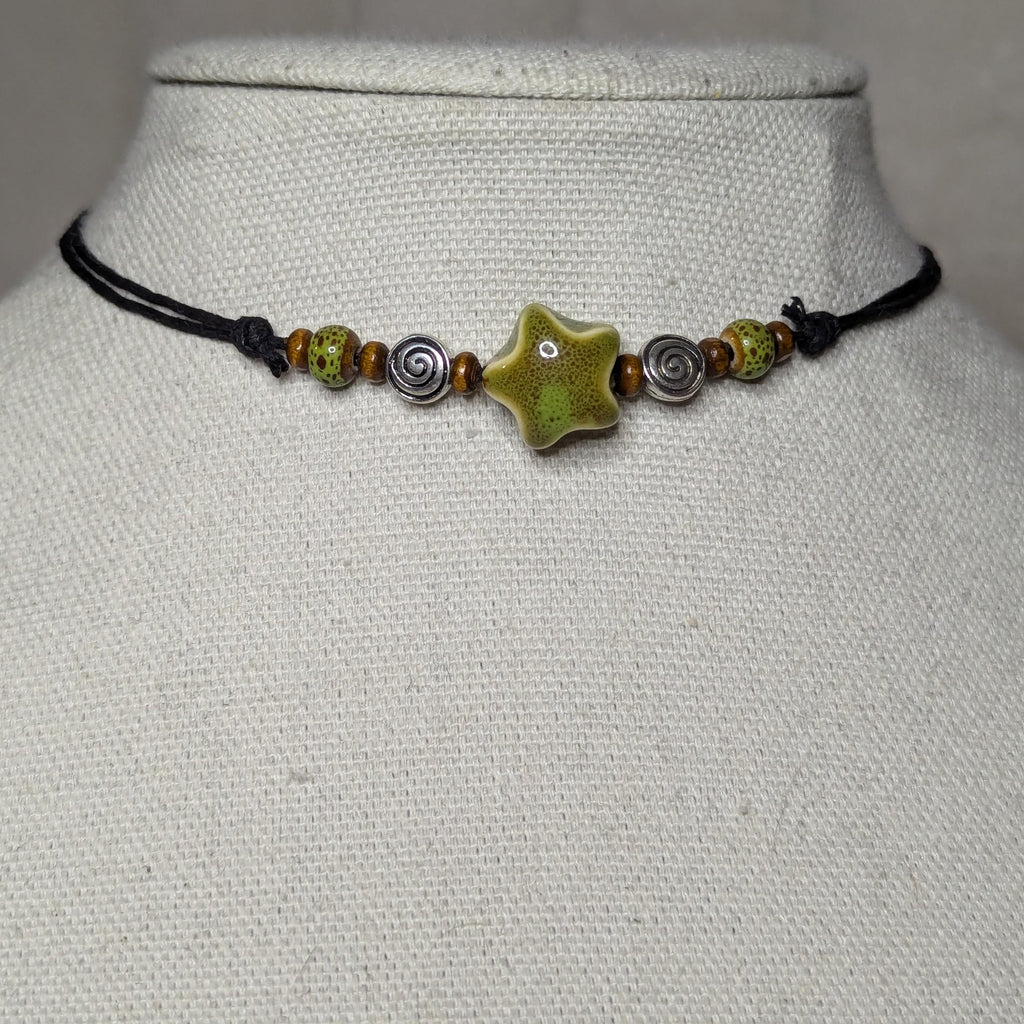 NoctemPottery Ceramic Beaded Star Spiral Swirl Pendant Necklace Adjustable Cord