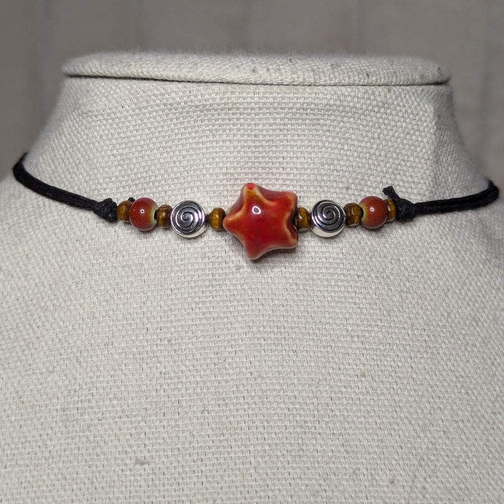 NoctemPottery Ceramic Beaded Star Spiral Swirl Pendant Necklace Adjustable Cord