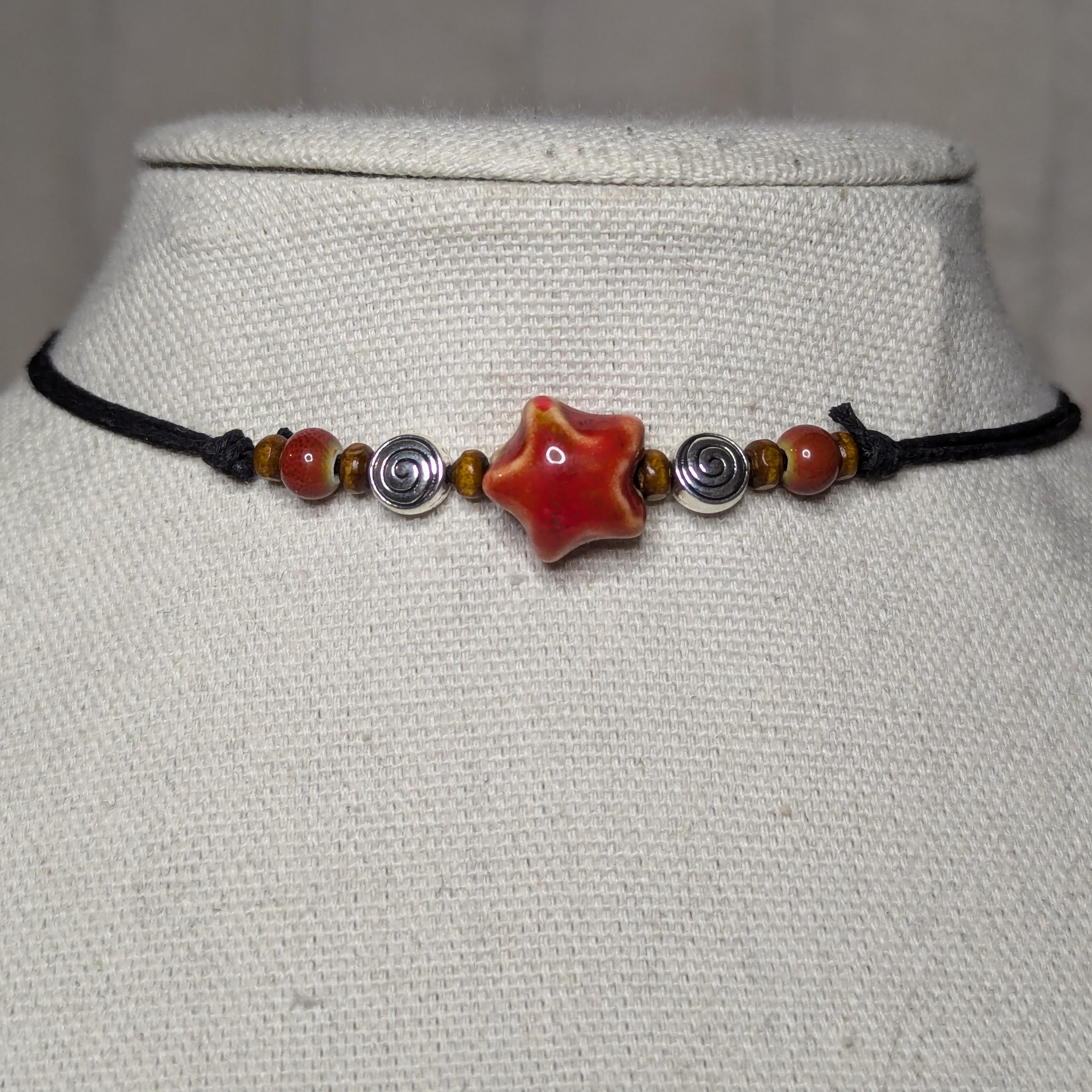 NoctemPottery Ceramic Beaded Star Spiral Swirl Pendant Necklace Adjustable Cord