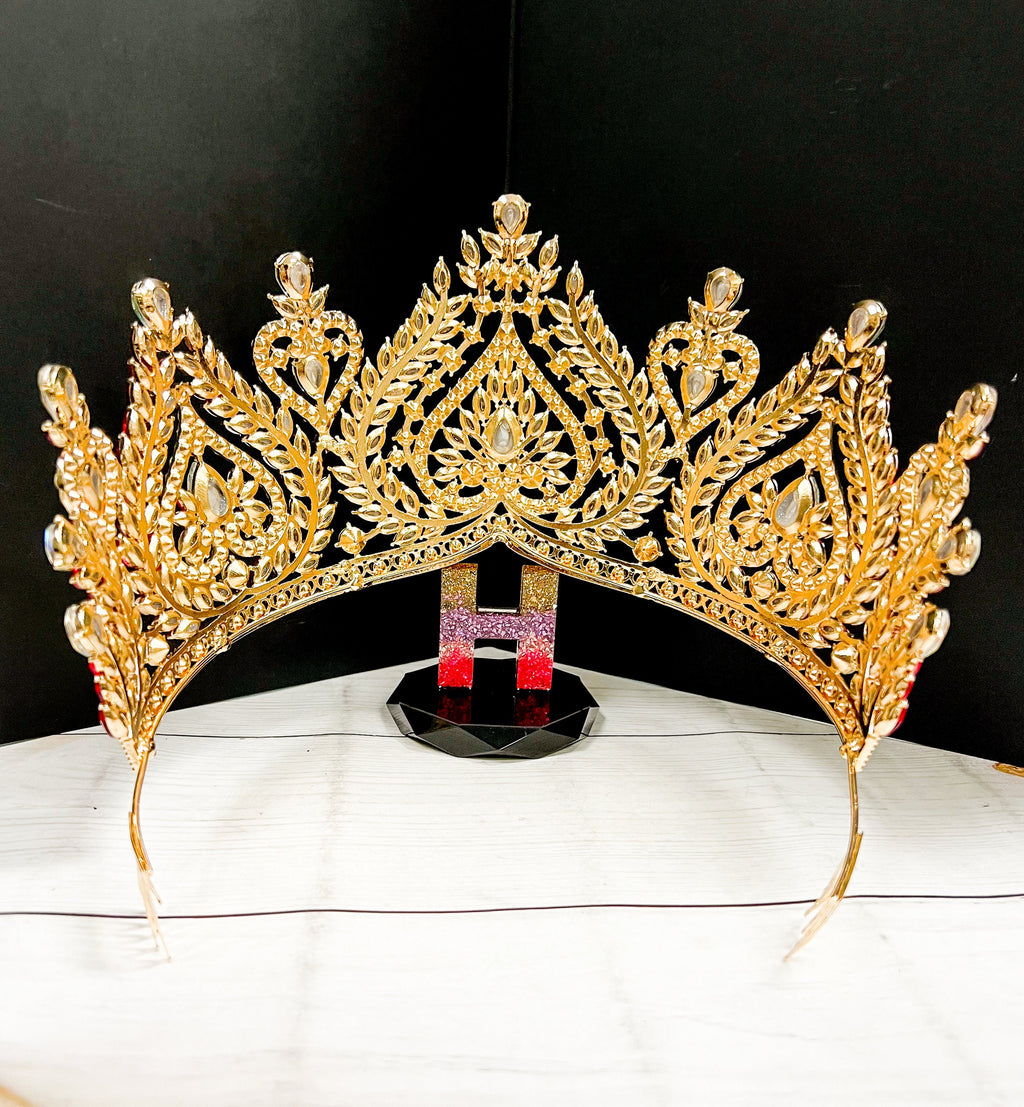 HappyJewelryWorld Red Crystal Queen Crown Gold-Plated Rhinestone