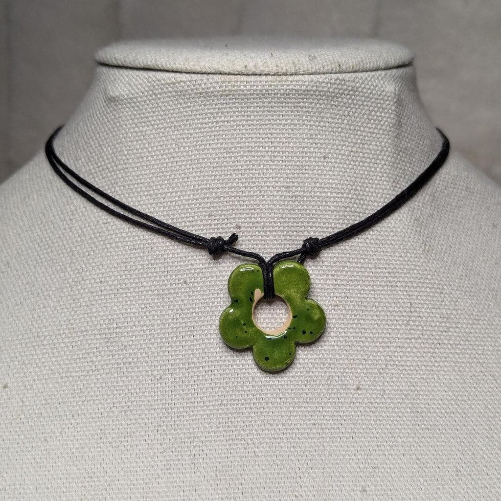 NoctemPottery Handmade Ceramic Flower Pendant Adjustable Boho Black Cord Necklace