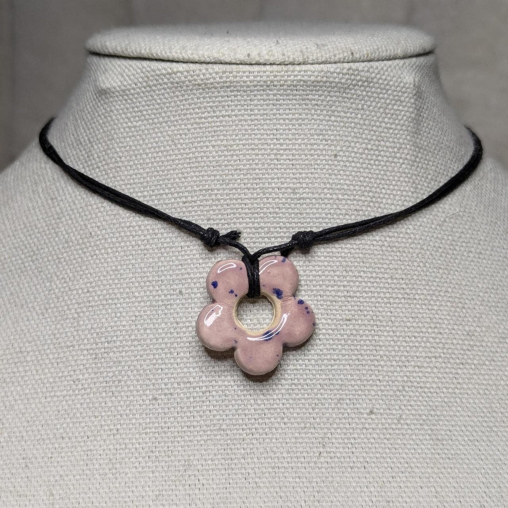 NoctemPottery Handmade Ceramic Flower Pendant Adjustable Boho Black Cord Necklace