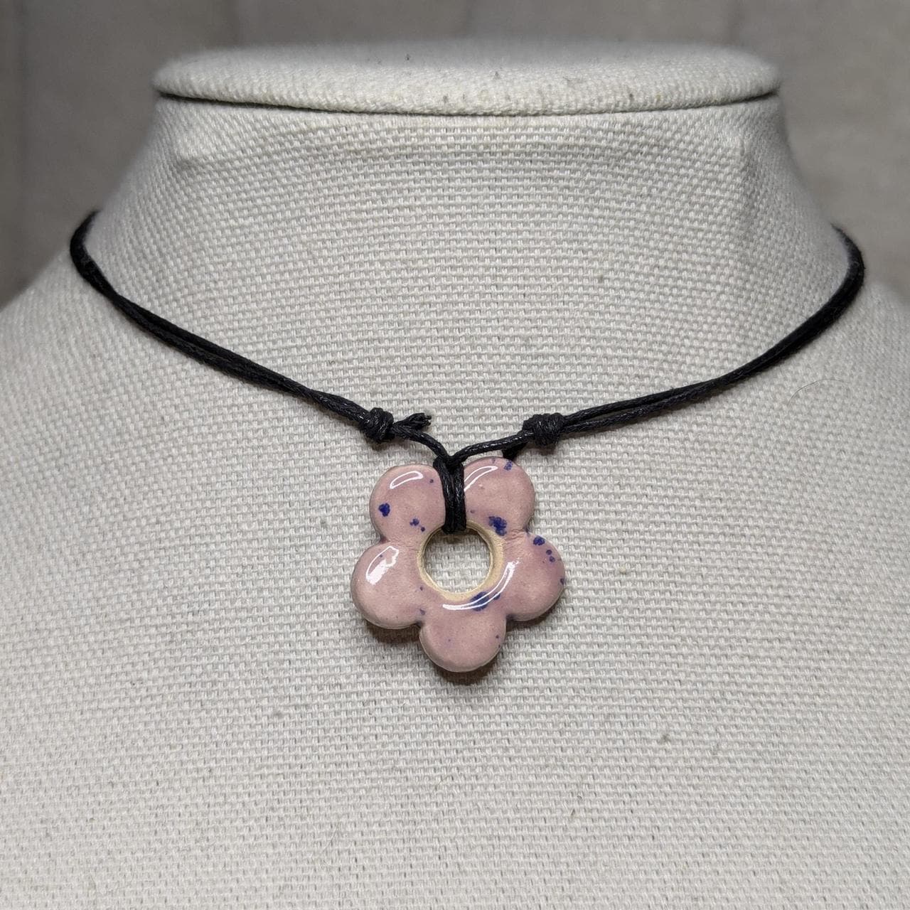 NoctemPottery Handmade Ceramic Flower Pendant Adjustable Boho Black Cord Necklace