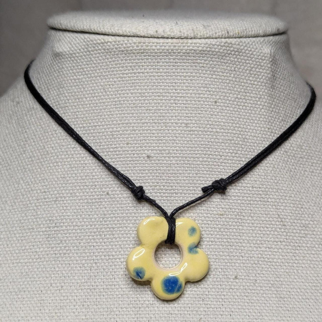 NoctemPottery Handmade Ceramic Flower Pendant Adjustable Boho Black Cord Necklace