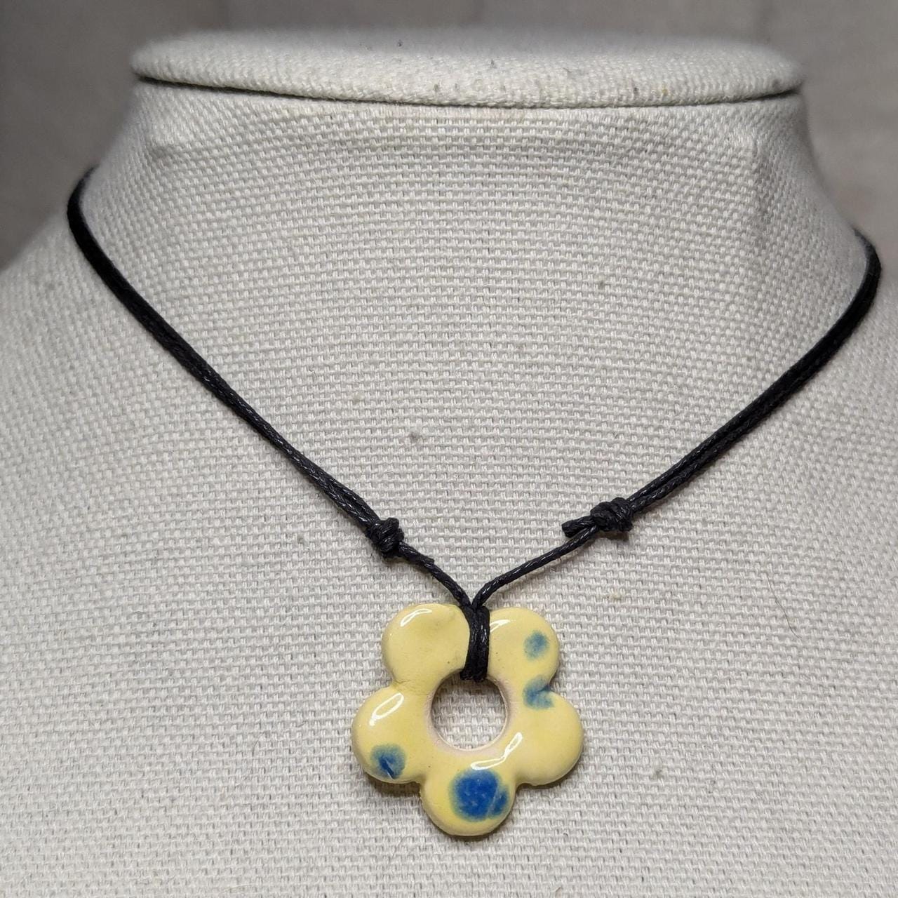 NoctemPottery Handmade Ceramic Flower Pendant Adjustable Boho Black Cord Necklace