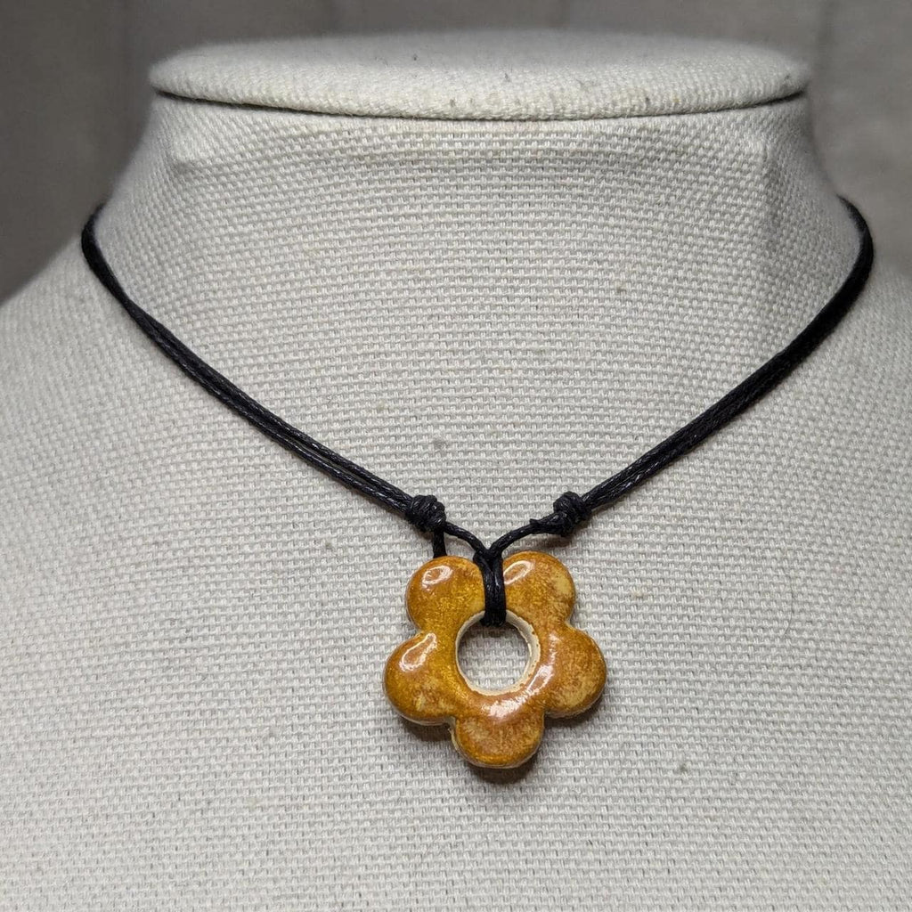NoctemPottery Handmade Ceramic Flower Pendant Adjustable Boho Black Cord Necklace
